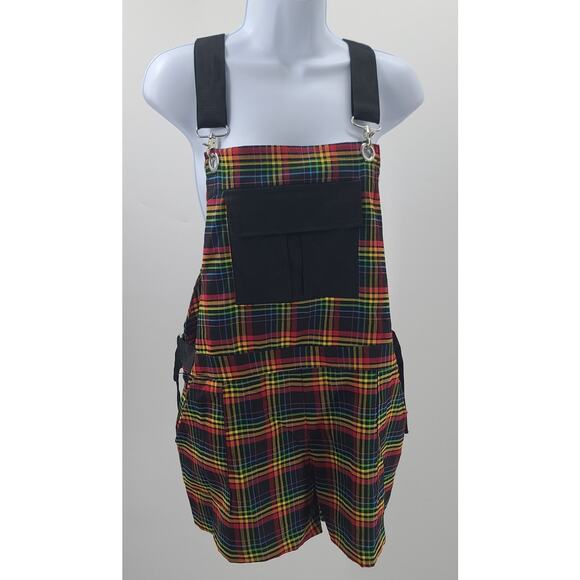 Hot topic Rainbow grid utility shortalls rainbow plaid Size Medium Kidcore - Picture 3 of 11
